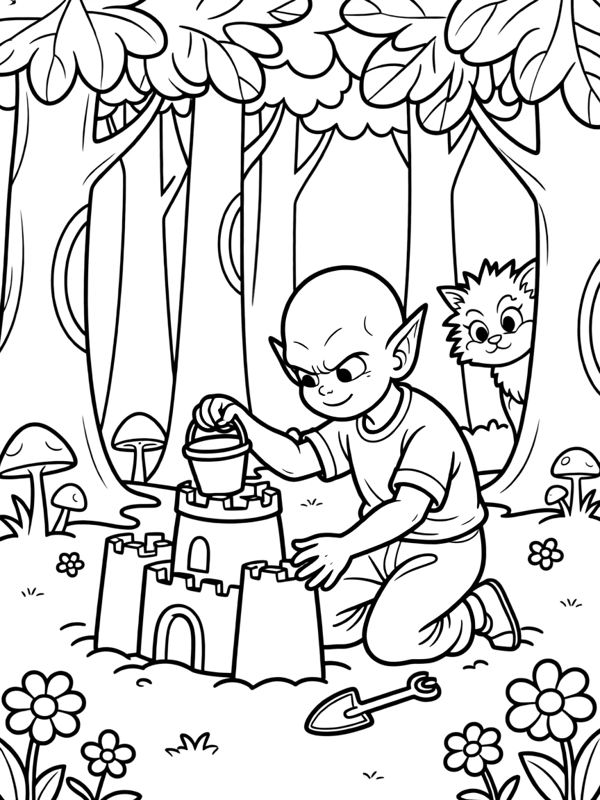 Piccolo building a sandcastle, in a magical forest setting.