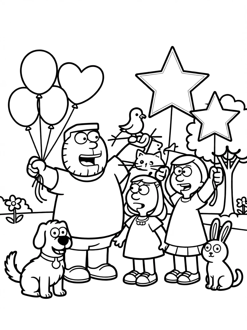 Family Guy playing with balloons, surrounded by friendly animals.