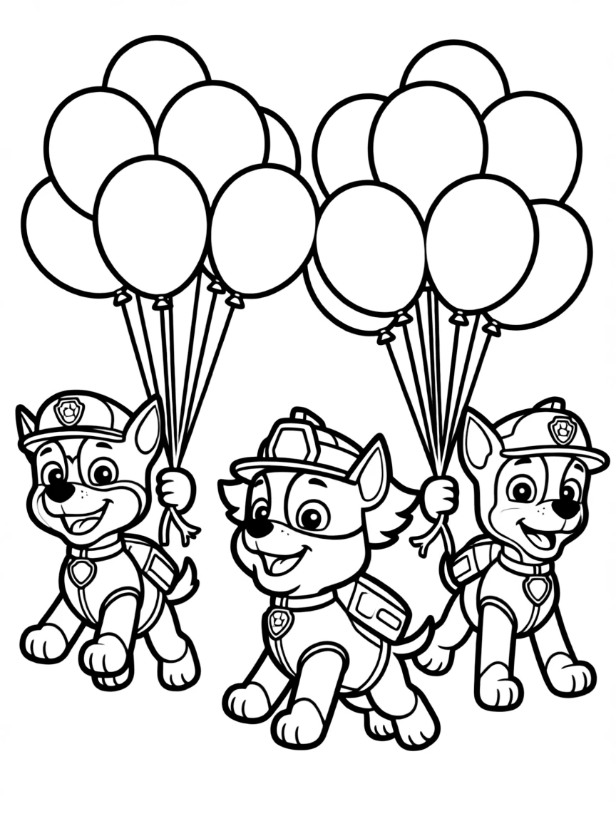 Paw Patrol flying with balloons, with big bold outlines for easy coloring.