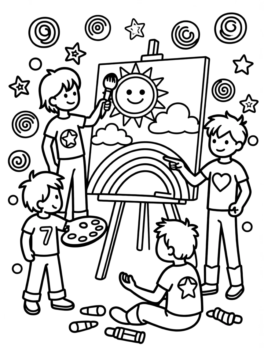 Avengers painting a picture, with playful patterns around.