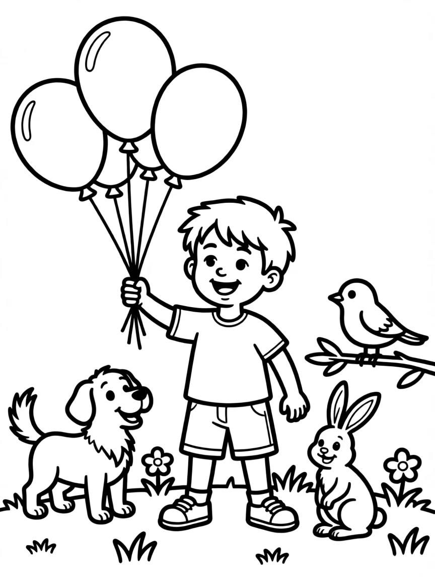 Arthur playing with balloons, surrounded by friendly animals.