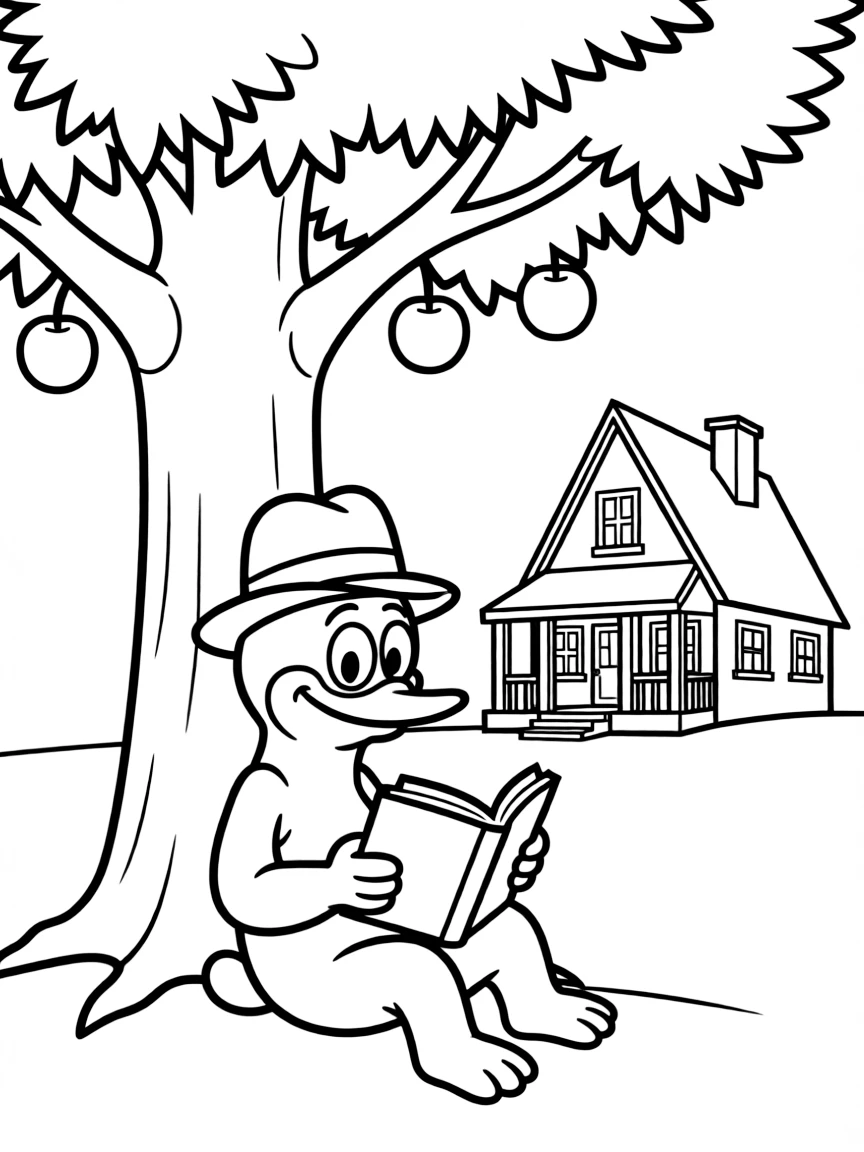 Perry the Platypus reading a book under a tree, in front of their famous house or scene.