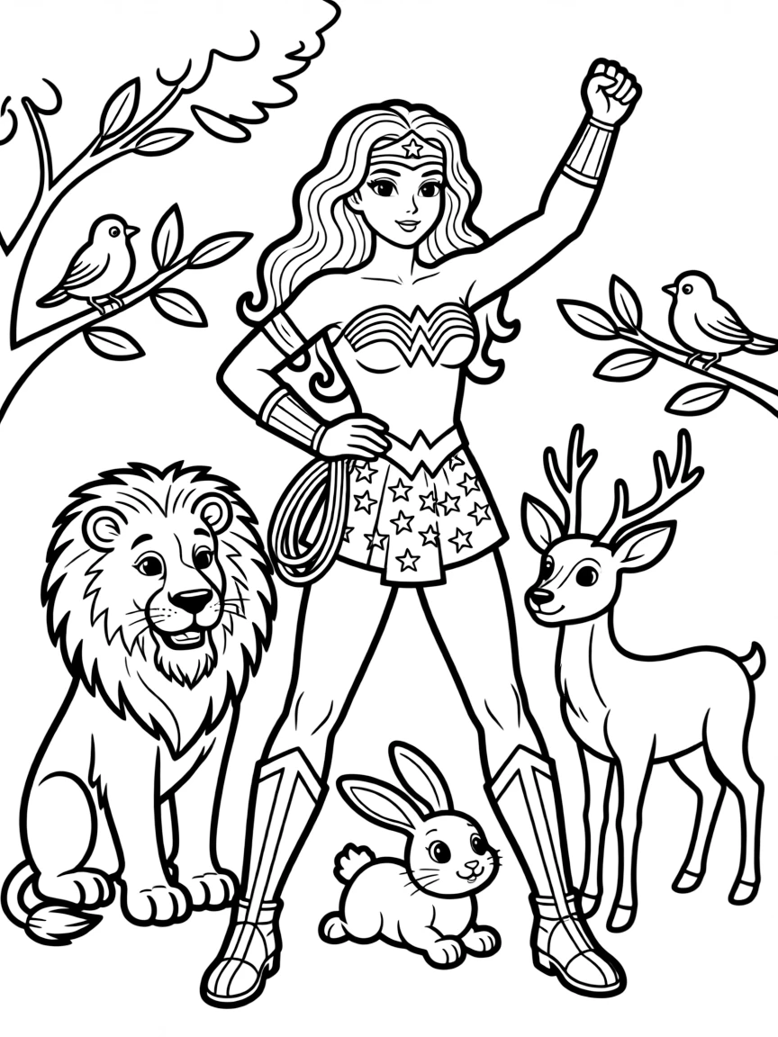 Wonder Woman posing heroically, surrounded by friendly animals.