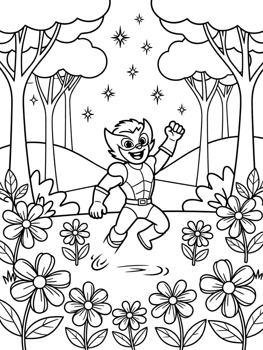 Wolverine dancing in a field of flowers, in a magical forest setting.