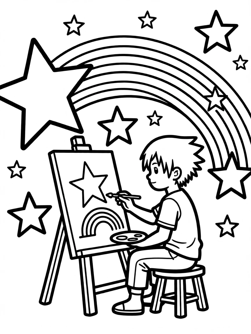 Sasuke painting a picture, with stars and rainbows in the background.