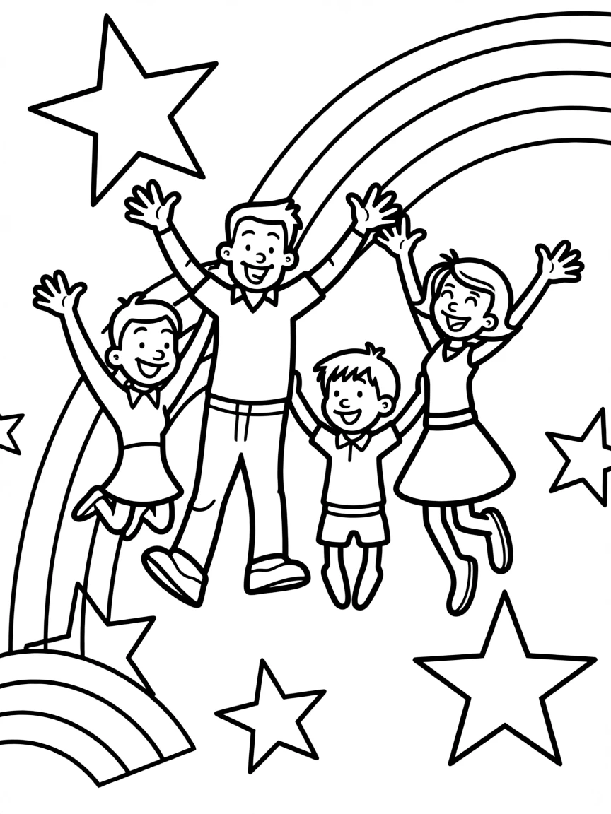 The Jetsons jumping with joy, with stars and rainbows in the background.