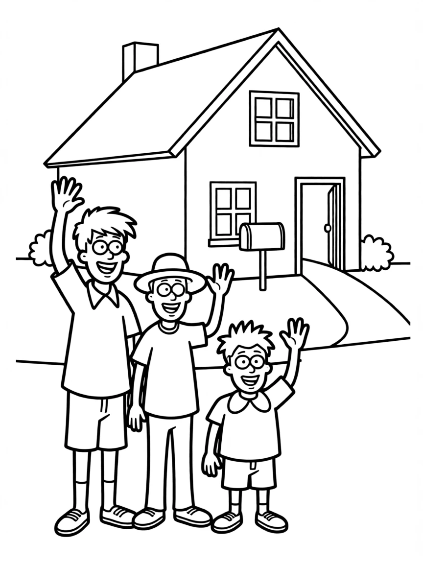 Ed, Edd n Eddy waving hello, in front of their famous house or scene.