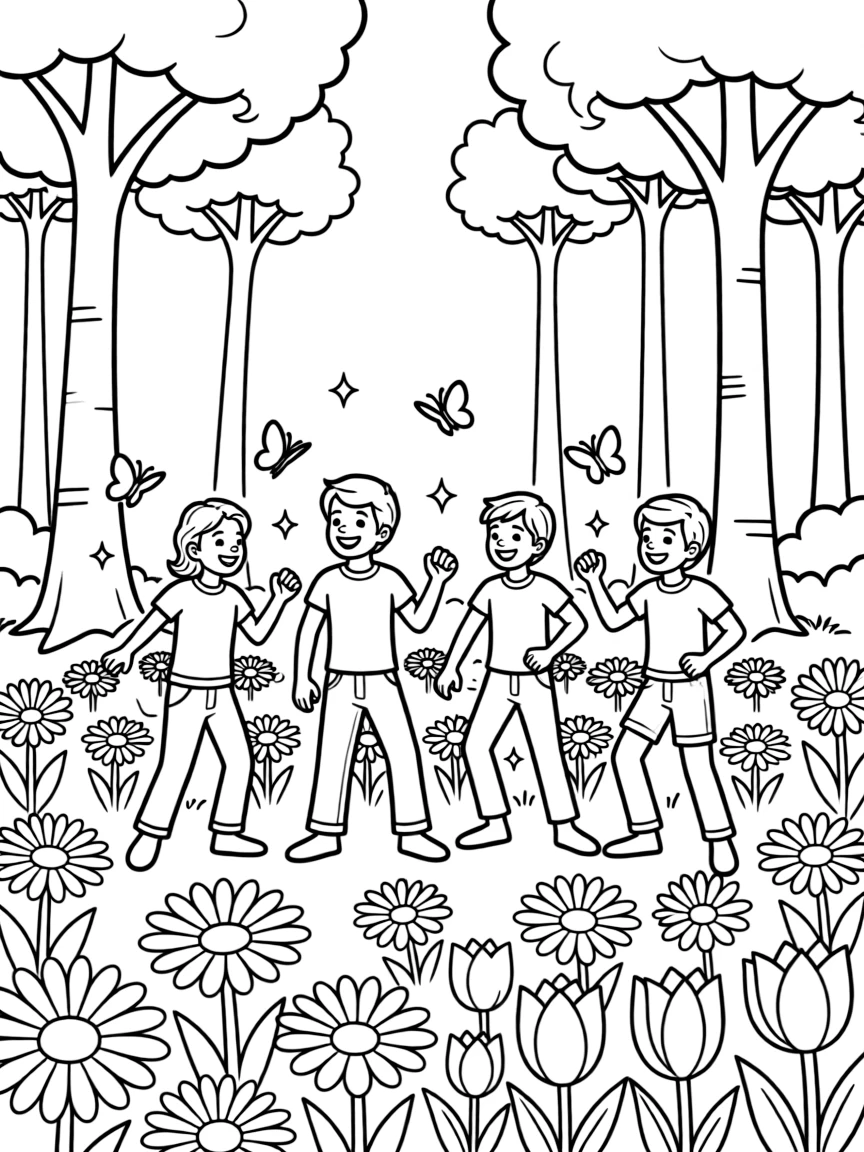 X-Men dancing in a field of flowers, in a magical forest setting.