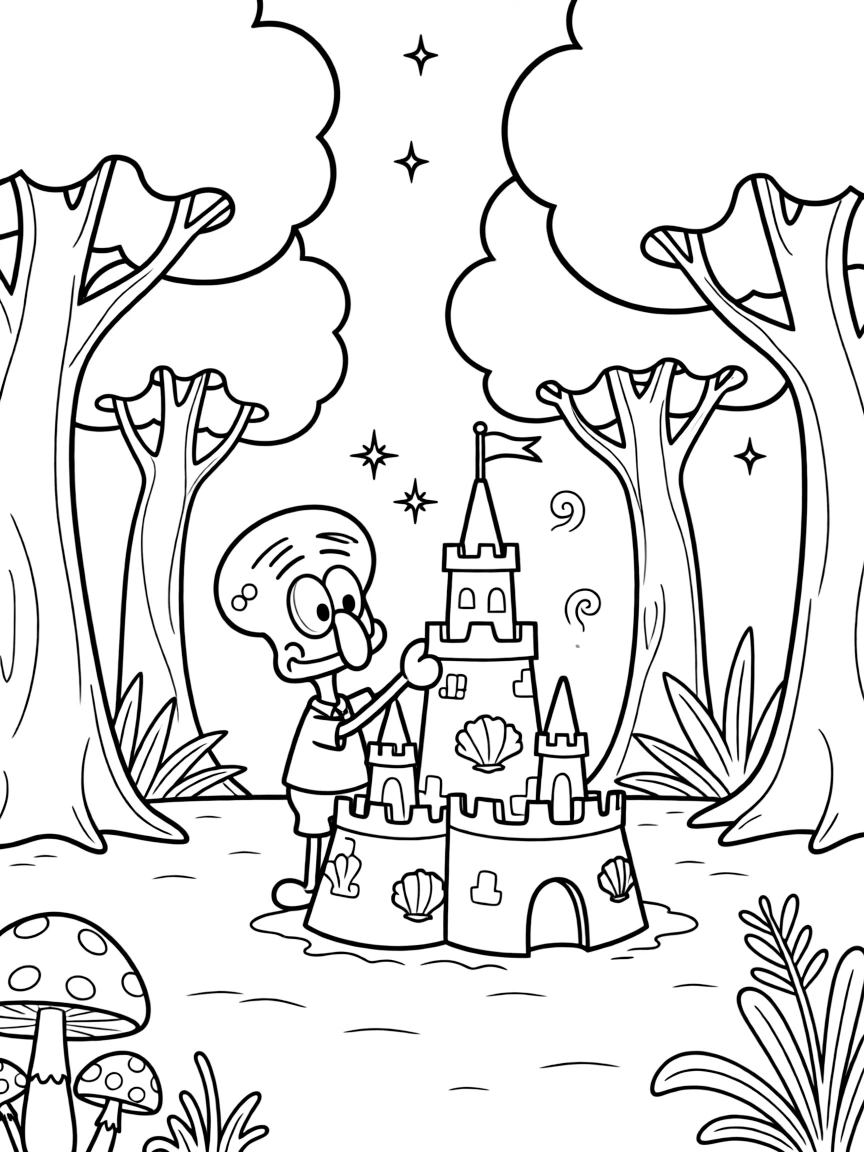 Squidward Tentacles building a sandcastle, in a magical forest setting.