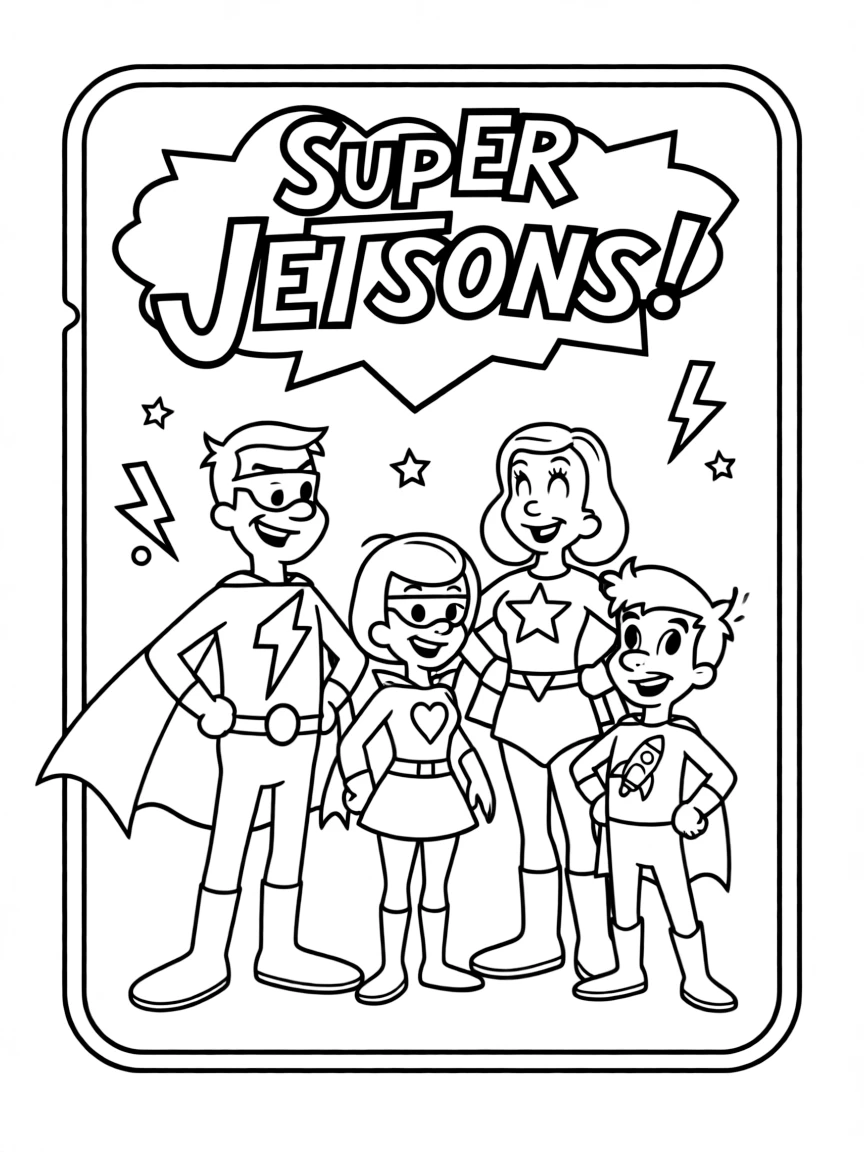 The Jetsons wearing a superhero costume, inside a comic book frame.