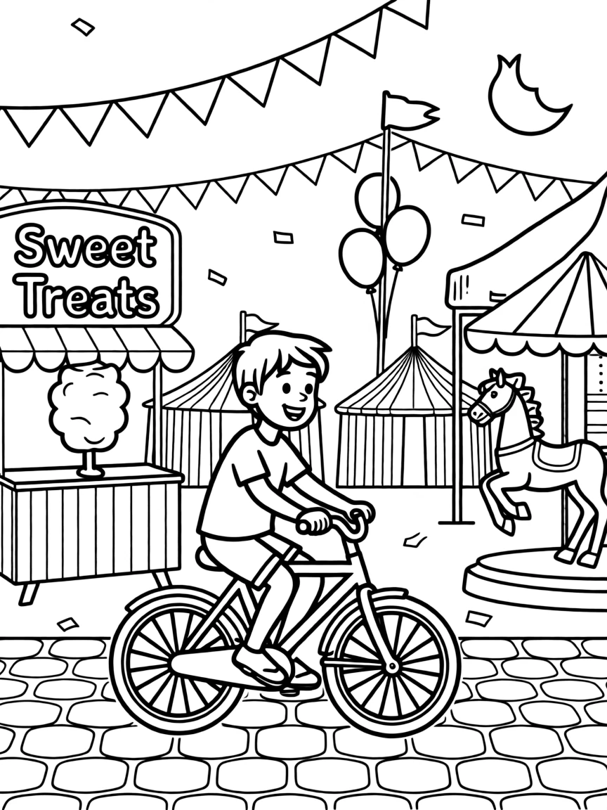 Arthur riding a bicycle, at a carnival with colorful decorations.
