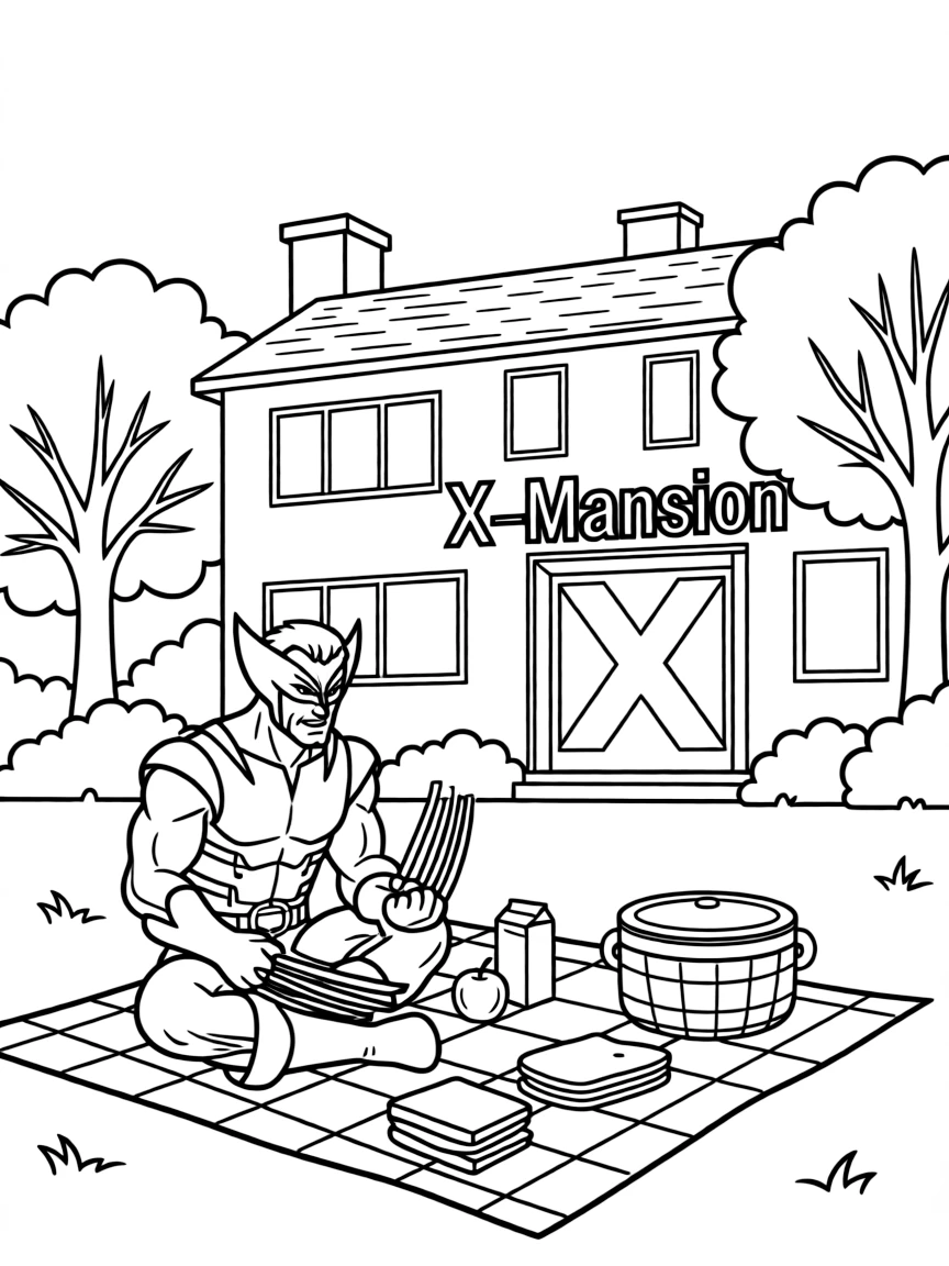 Wolverine having a picnic, in front of their famous house or scene.
