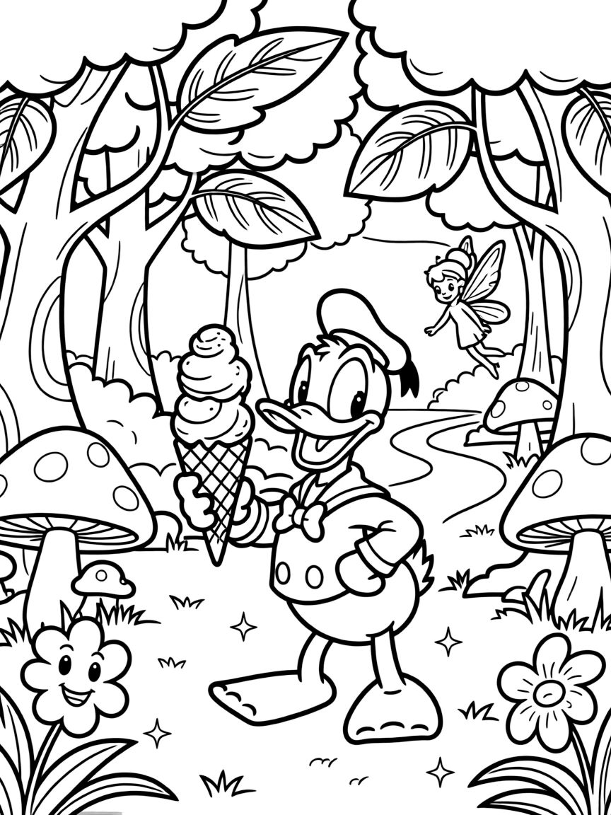 Donald Duck enjoying an ice cream cone, in a magical forest setting.