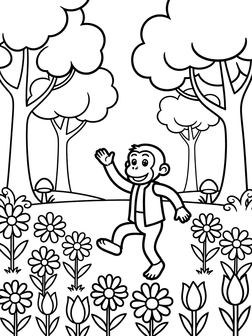 Curious George dancing in a field of flowers, in a magical forest setting.