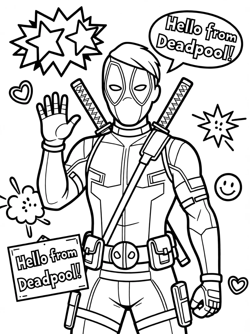 Deadpool waving hello, with fun background elements.