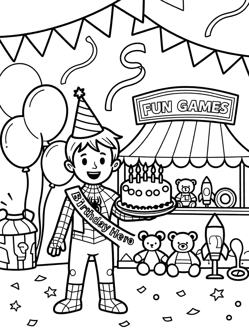 Spider-Man celebrating a birthday, at a carnival with colorful decorations.
