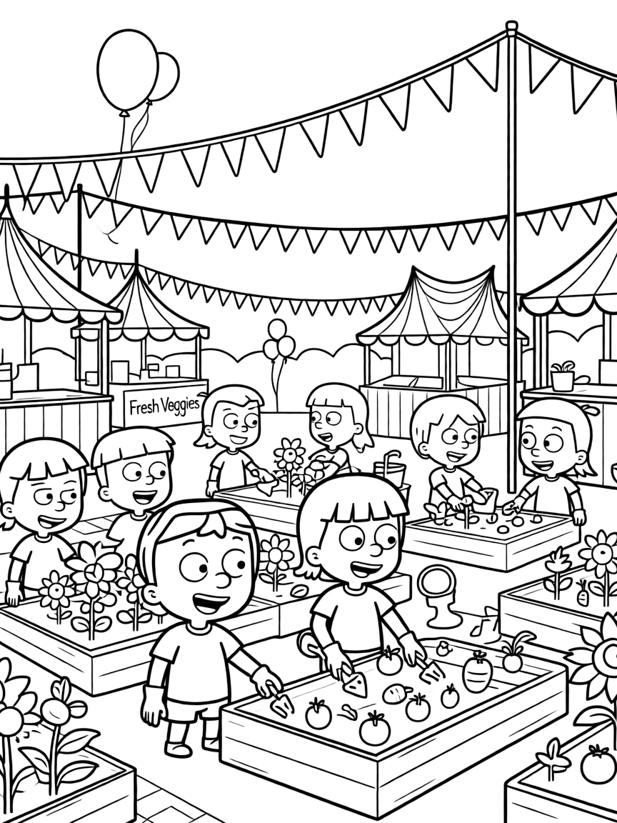 The Loud House gardening, at a carnival with colorful decorations.