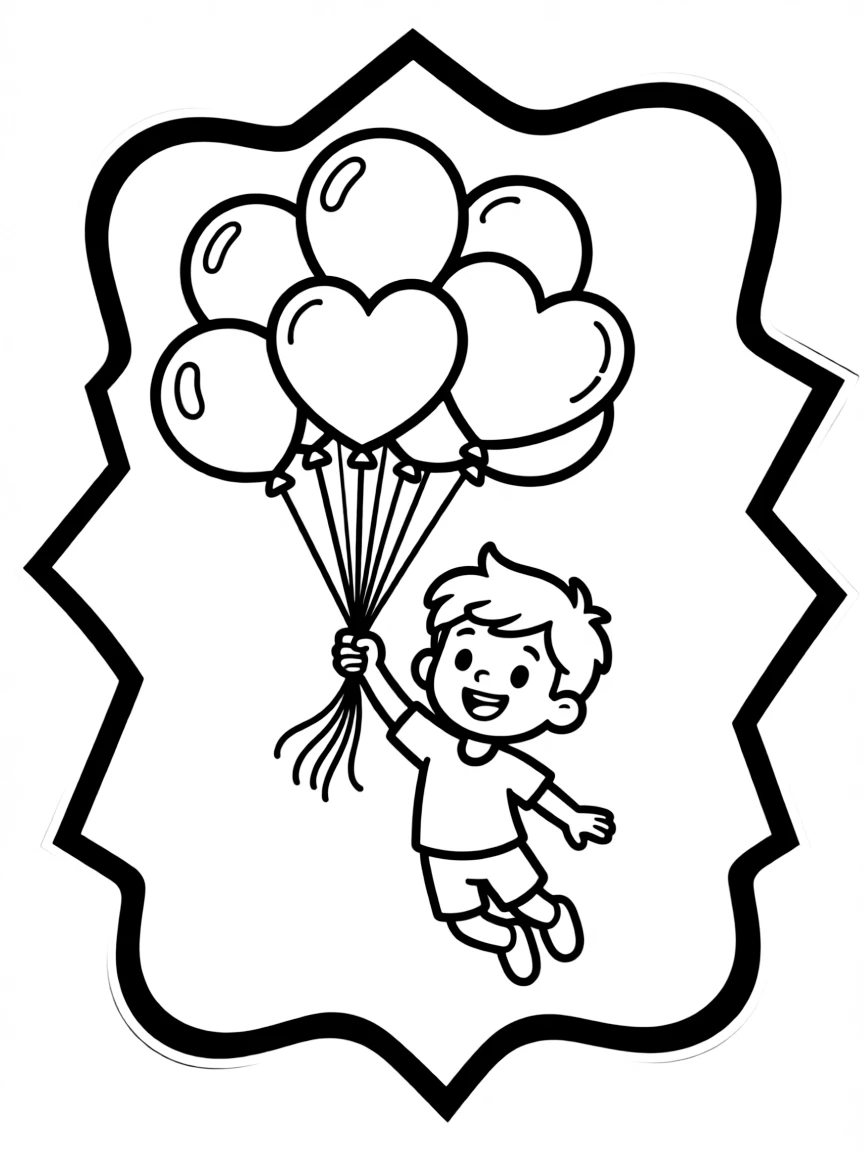 Cocomelon flying with balloons, inside a comic book frame.