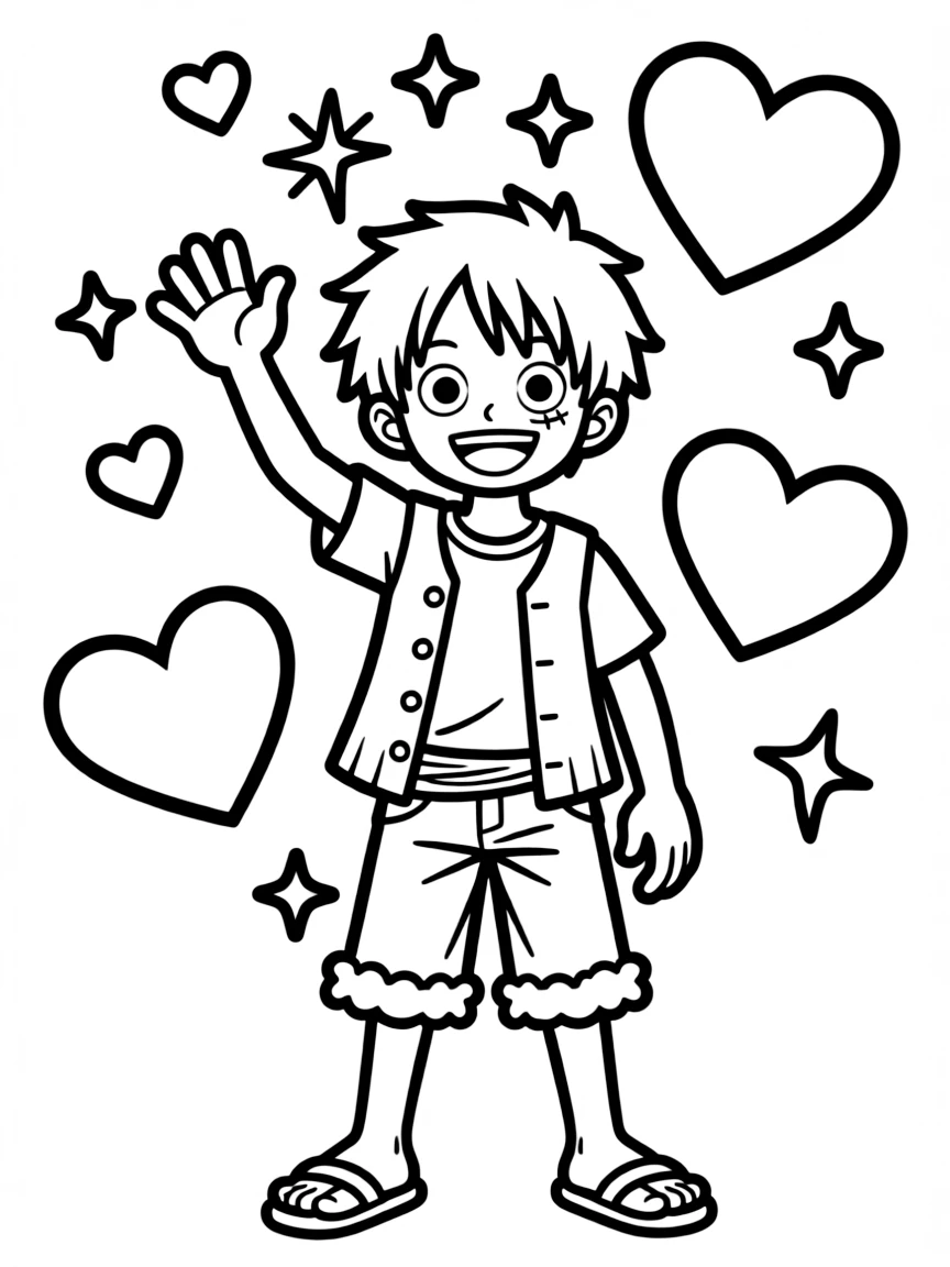 Luffy waving hello, with hearts and sparkles around.
