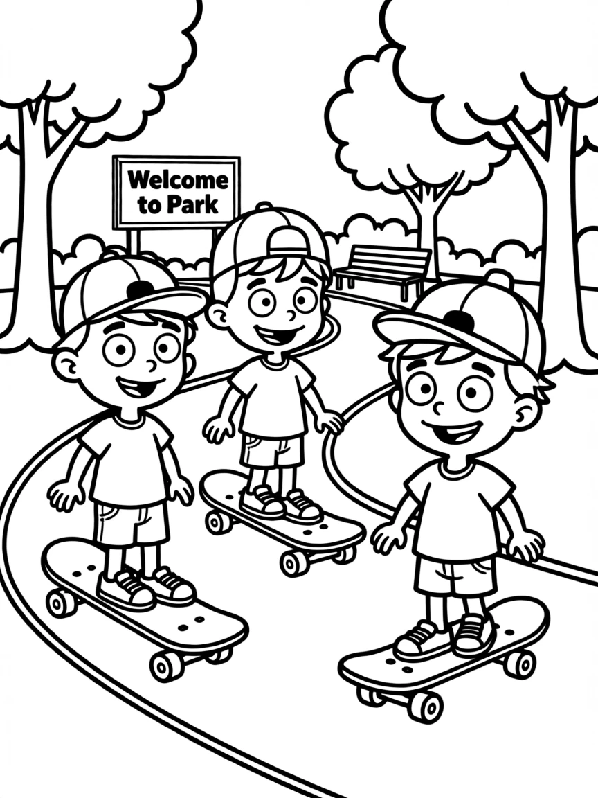 Rugrats skateboarding in the park, with big bold outlines for easy coloring.