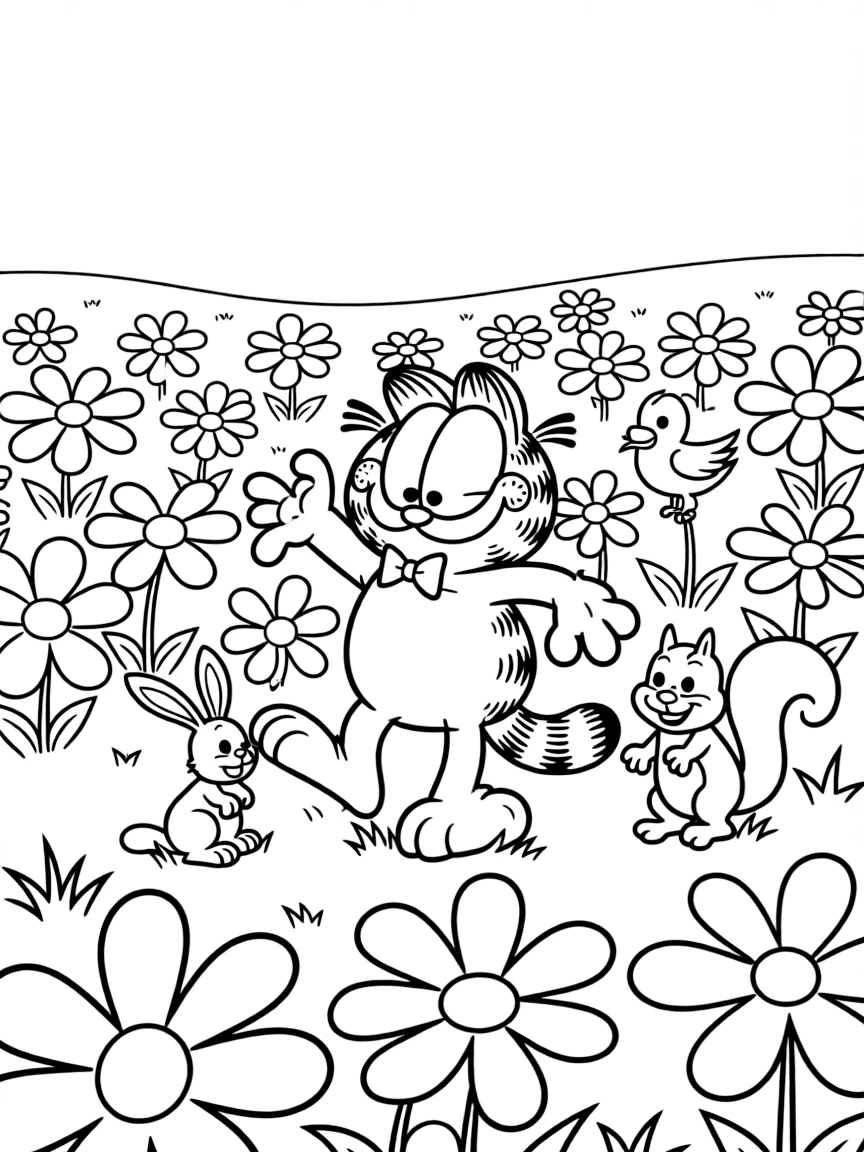 Garfield dancing in a field of flowers, surrounded by friendly animals.