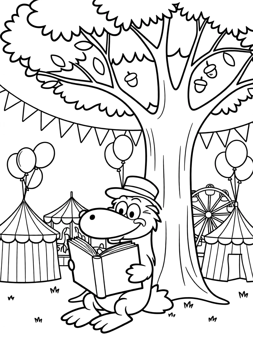 Perry the Platypus reading a book under a tree, at a carnival with colorful decorations.
