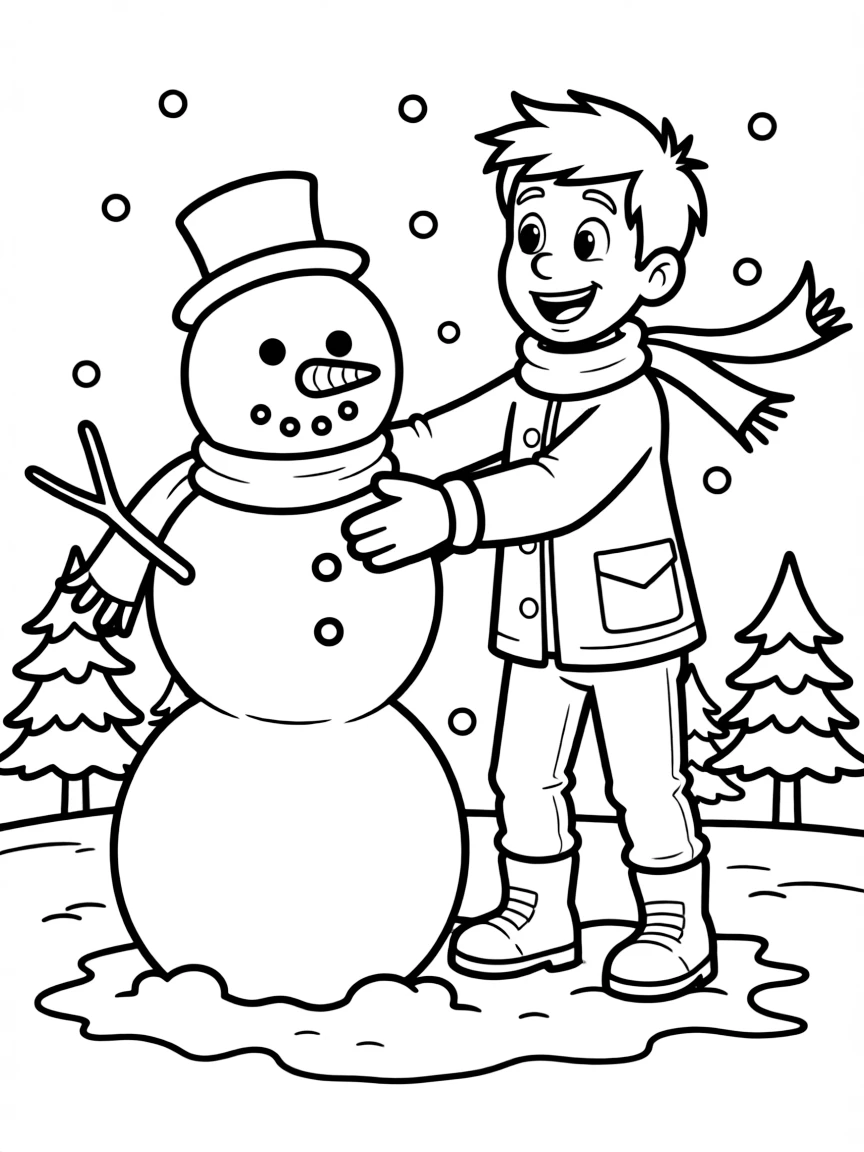 Dexter's Laboratory playing in the snow, with big bold outlines for easy coloring.
