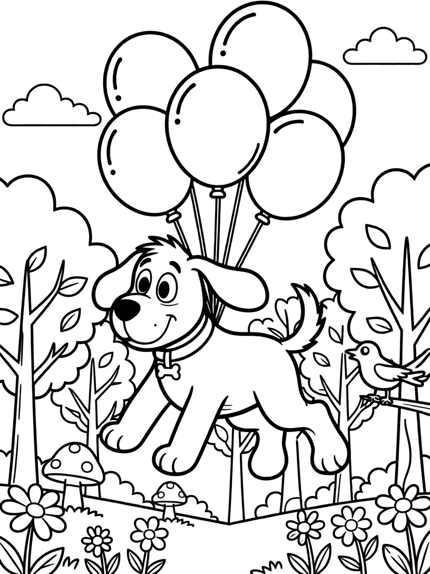 Clifford the Big Red Dog flying with balloons, in a magical forest setting.