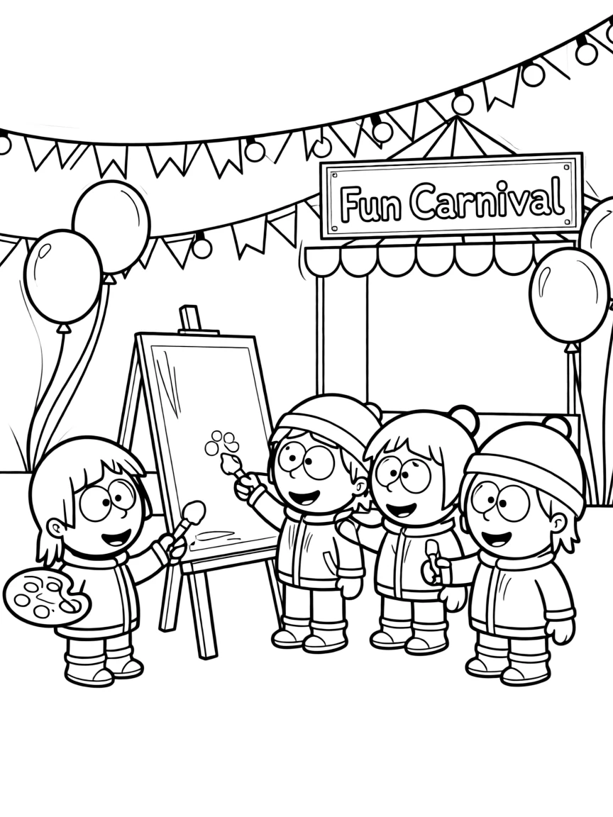 South Park painting a picture, at a carnival with colorful decorations.