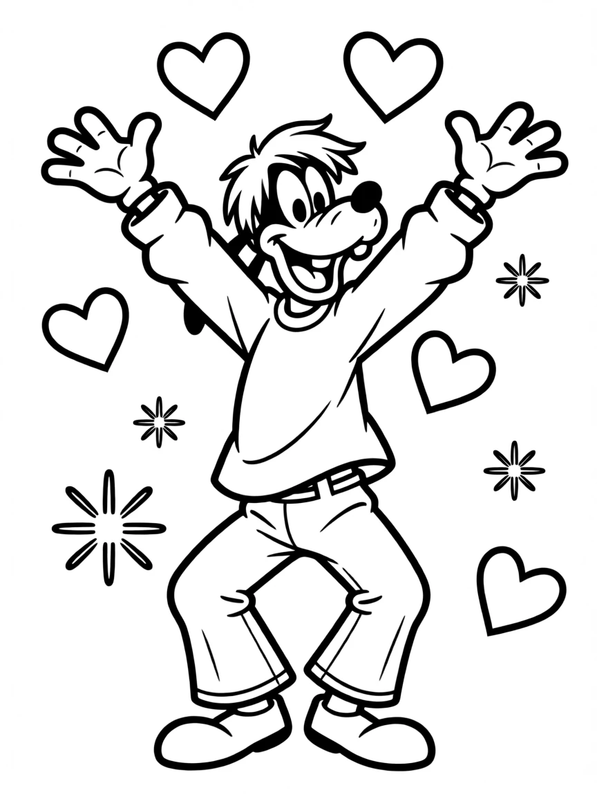 Goofy jumping with joy, with hearts and sparkles around.