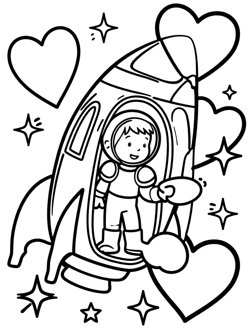 Caillou exploring space in a rocket, with hearts and sparkles around.