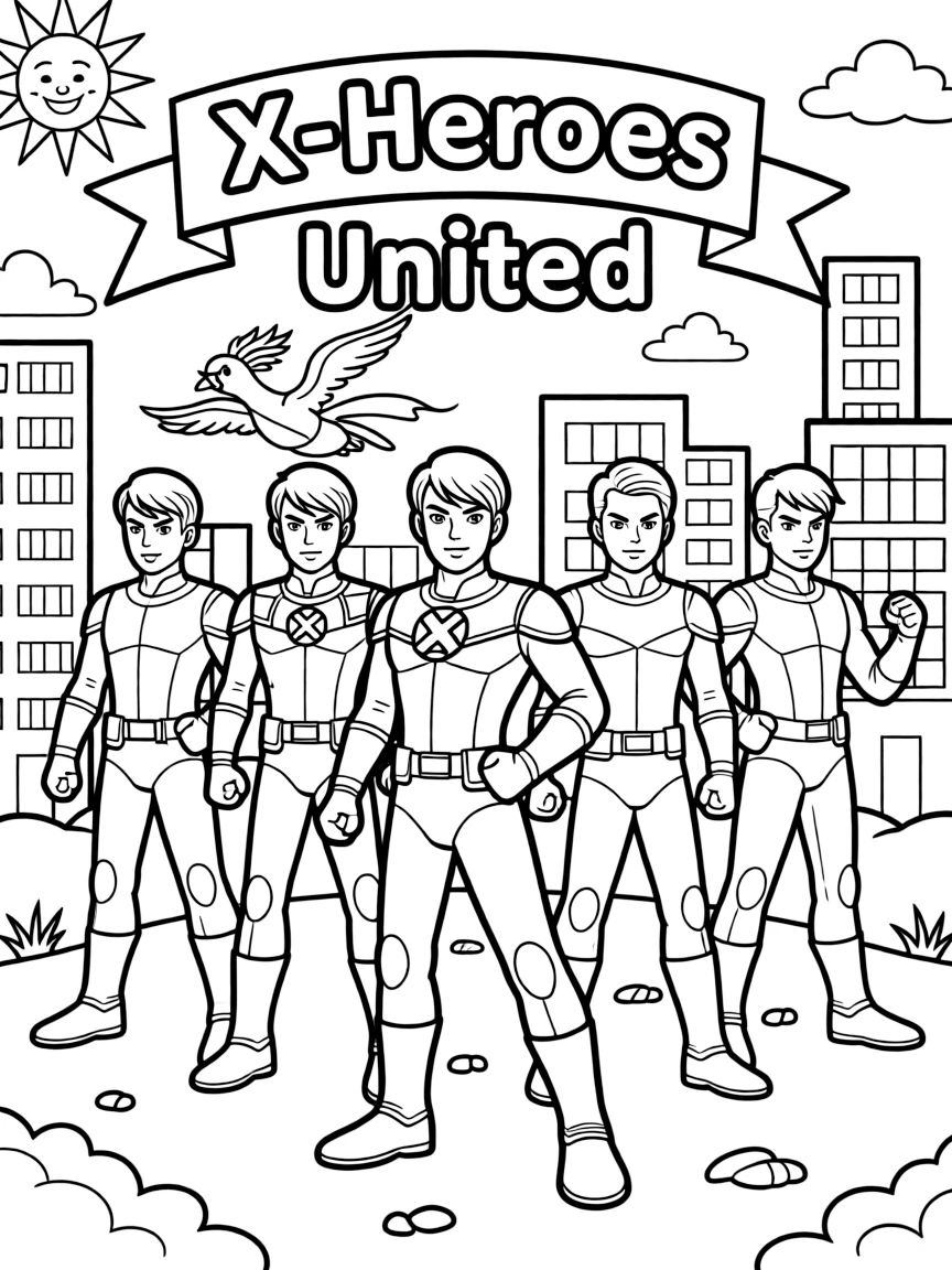 X-Men posing heroically, with fun background elements.