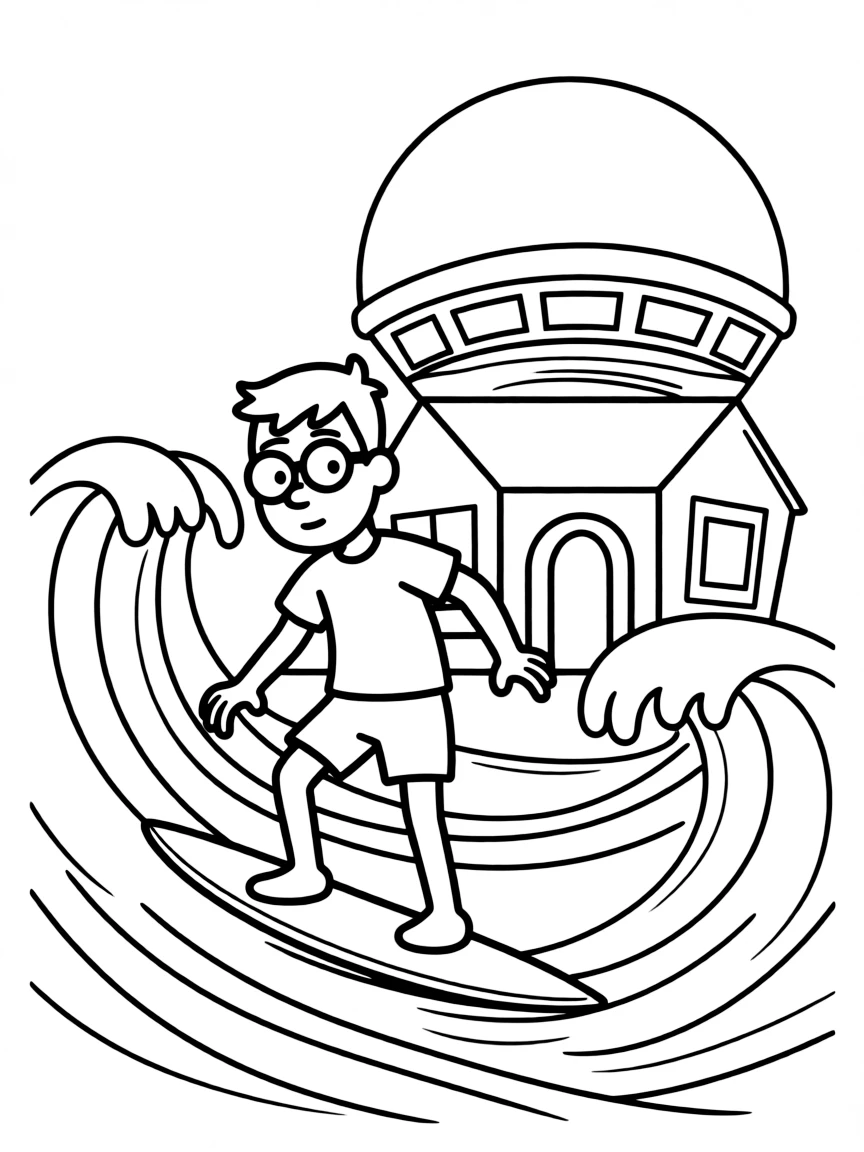 Dexter's Laboratory surfing on waves, in front of their famous house or scene.