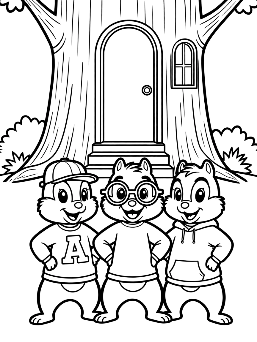 Alvin and the Chipmunks posing heroically, in front of their famous house or scene.
