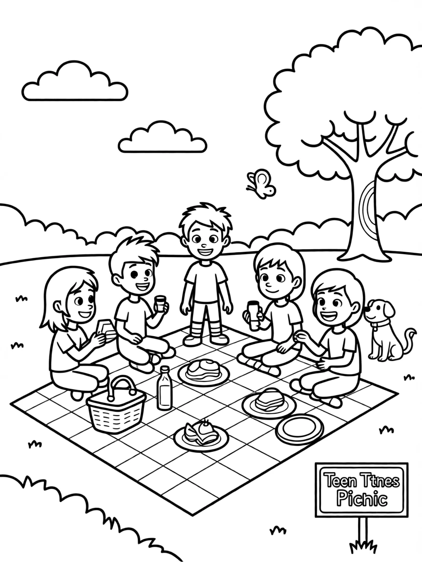 Teen Titans having a picnic, with fun background elements.