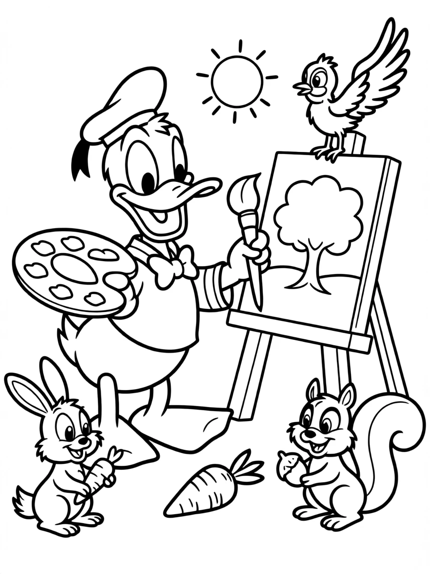 Donald Duck painting a picture, surrounded by friendly animals.