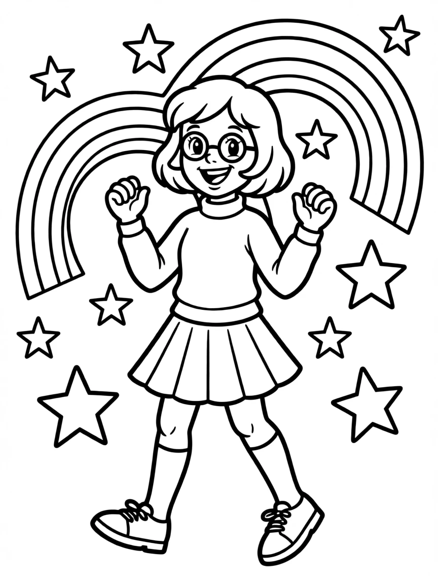 Velma jumping with joy, with stars and rainbows in the background.