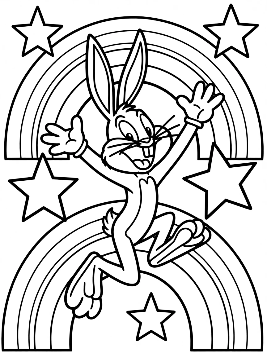 Bugs Bunny jumping with joy, with stars and rainbows in the background.
