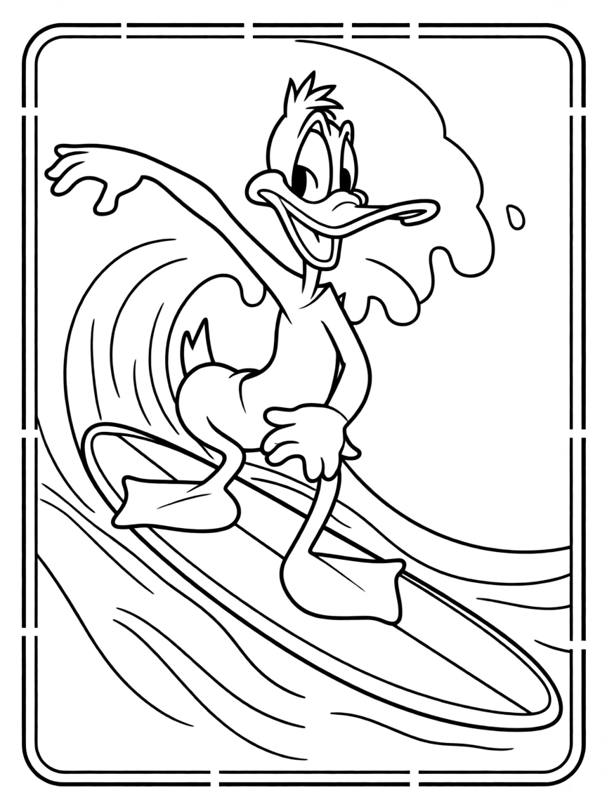 Daffy Duck surfing on waves, inside a comic book frame.