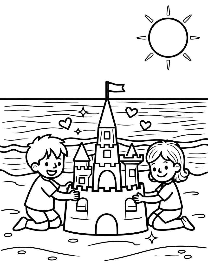Fairly OddParents building a sandcastle, with hearts and sparkles around.