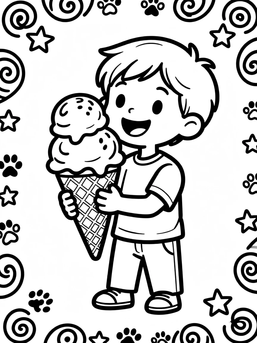 Paw Patrol enjoying an ice cream cone, with playful patterns around.