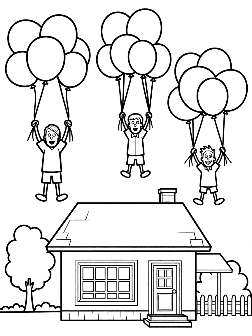 Ed, Edd n Eddy flying with balloons, in front of their famous house or scene.