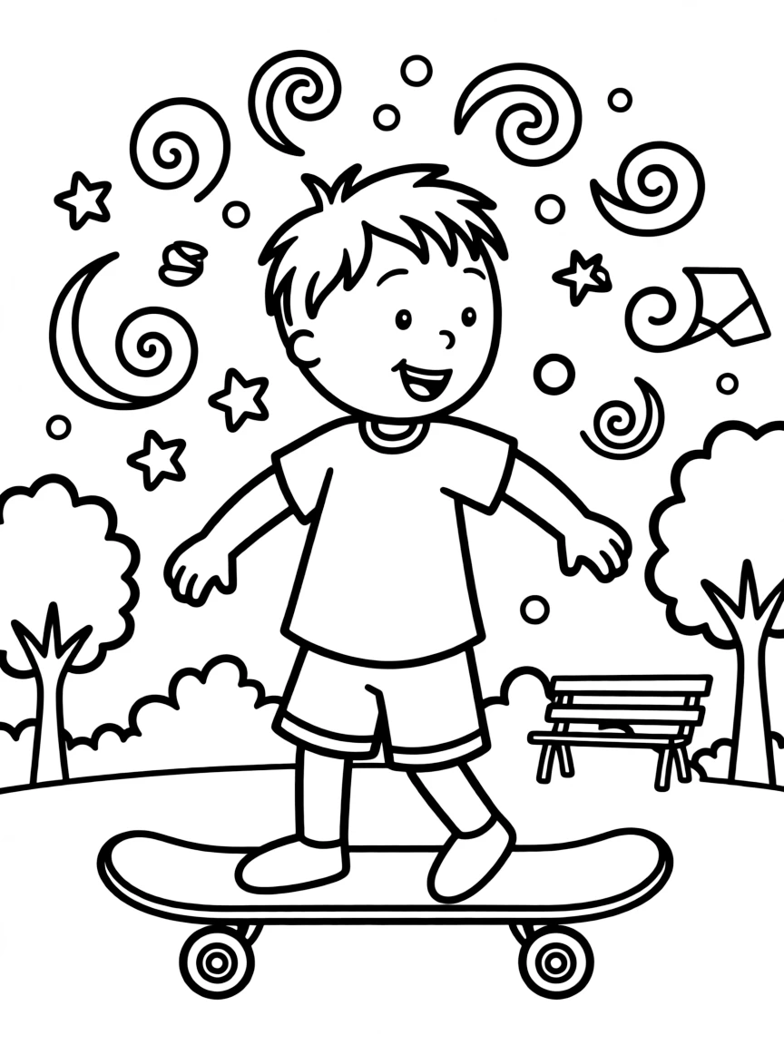 Caillou skateboarding in the park, with playful patterns around.