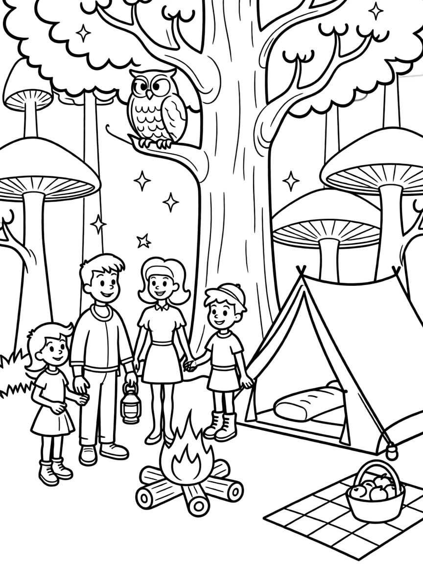 The Jetsons camping with friends, in a magical forest setting.