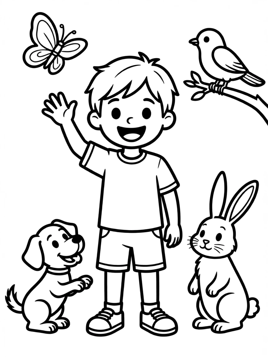Luffy waving hello, surrounded by friendly animals.