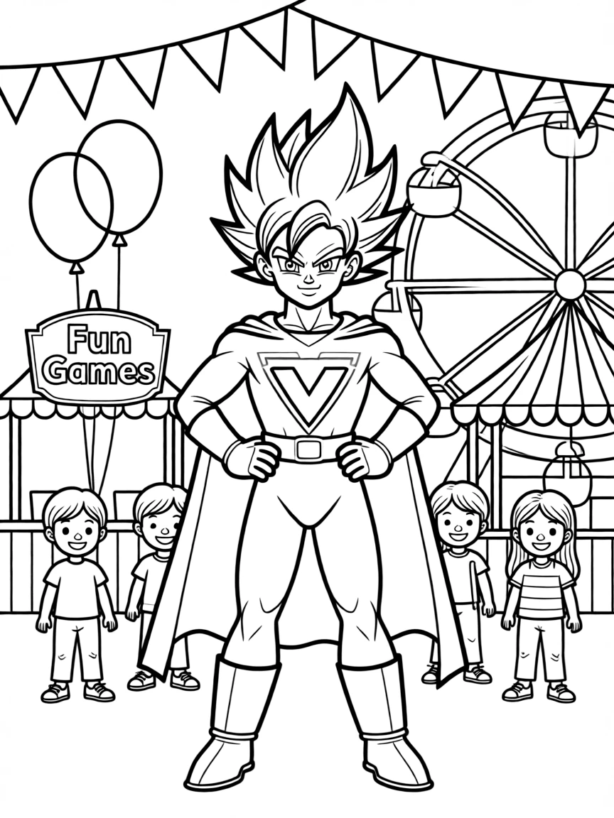 Vegeta wearing a superhero costume, at a carnival with colorful decorations.