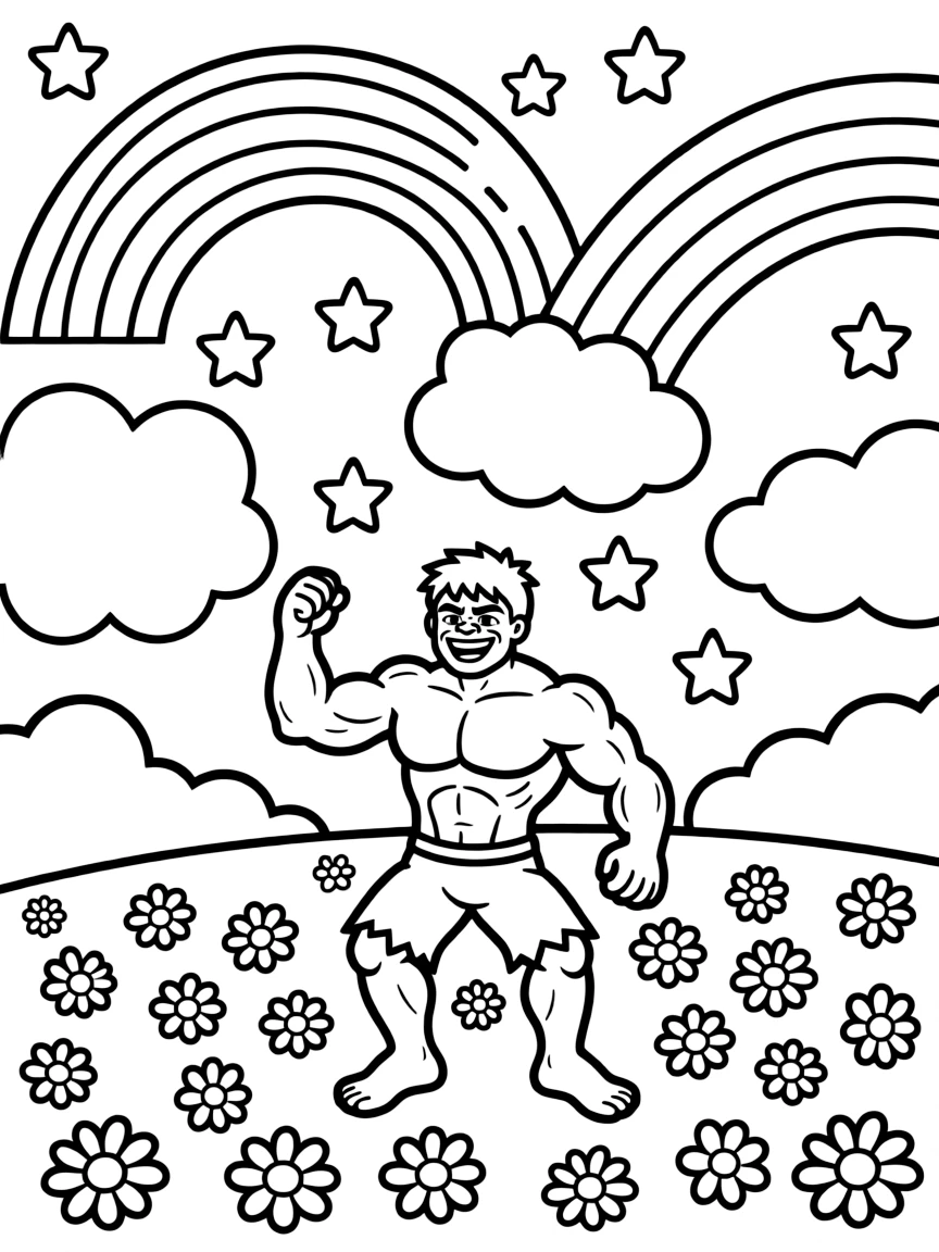 Hulk dancing in a field of flowers, with stars and rainbows in the background.