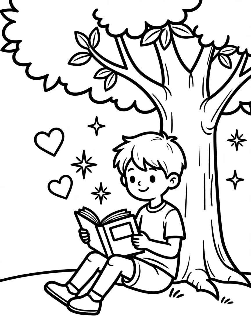Luffy reading a book under a tree, with hearts and sparkles around.