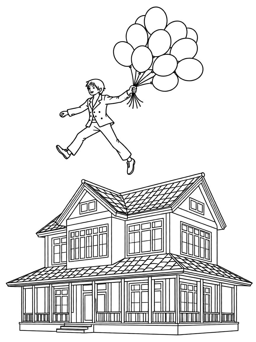 Sanji flying with balloons, in front of their famous house or scene.