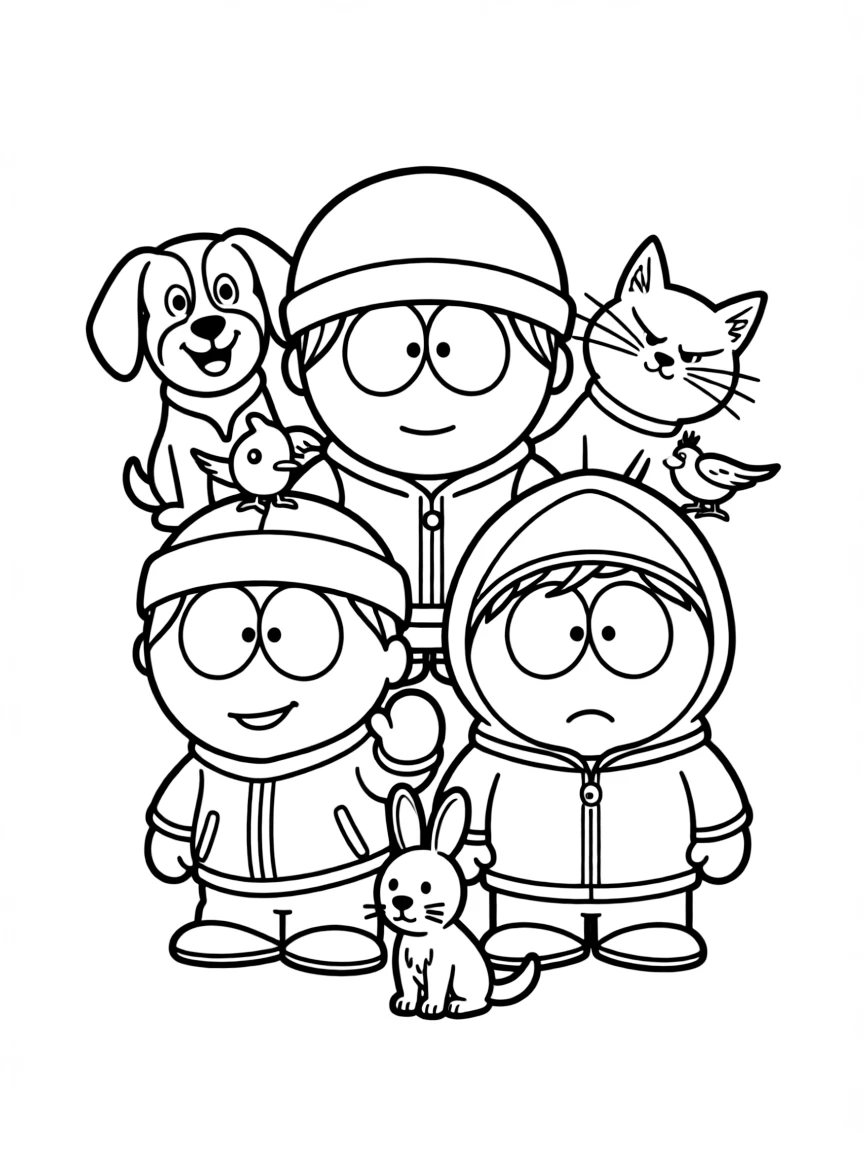 South Park posing heroically, surrounded by friendly animals.